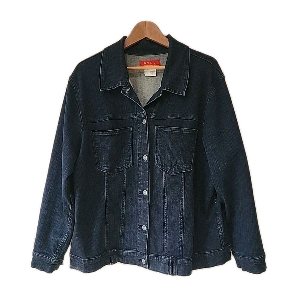 NYDJ Denim Jacket Women 1X Stretch  Button Down Blue Dark Wash Pockets Outdoor